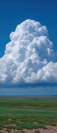 Towering cumulus cloud over a vast green landscapeの素材