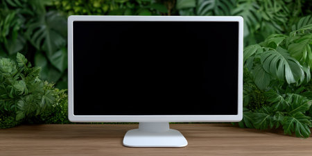 Modern computer monitor surrounded by lush green plantsの素材