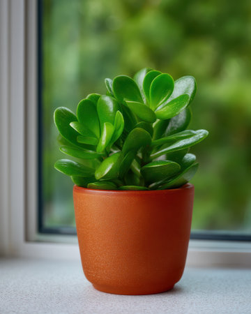 Jade plant in a terracotta pot on a windowsill.の素材