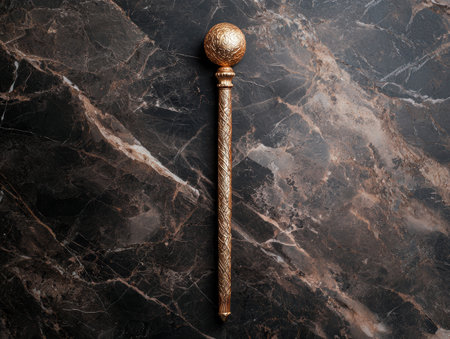 Ornate golden scepter on dark marble backgroundの素材