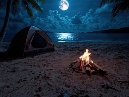 Camping on a tropical beach under the full moonの素材