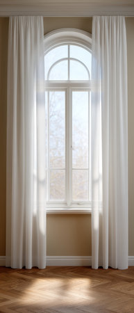 Sunlight streams through sheer white curtains and an arched window.の素材