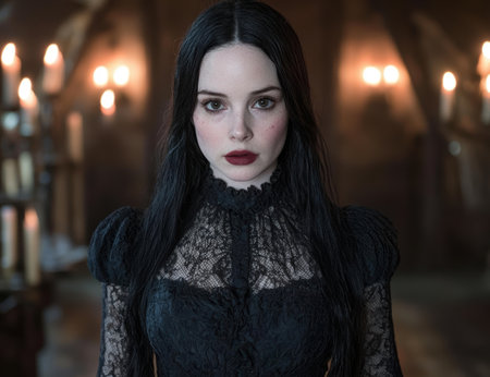 Gothic woman with dark hair and lace dressの素材