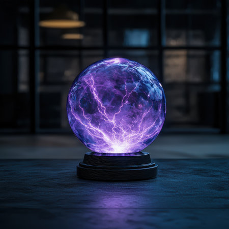 Glowing plasma ball with electric arcs in a dark roomの素材