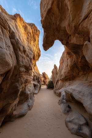Sunlit canyon path with towering rock formationsの素材