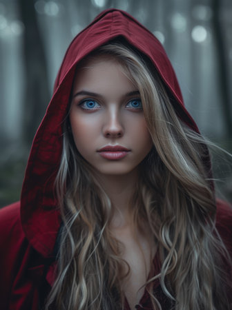 Young woman with striking blue eyes in a red hoodの素材