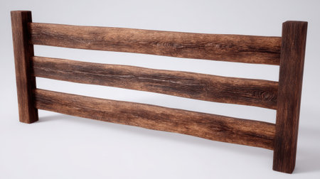 Rustic wooden fence with three horizontal railsの素材