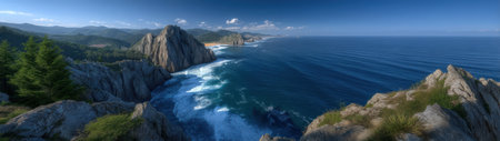 Rugged cliffs meet the vibrant blue ocean waves.の素材