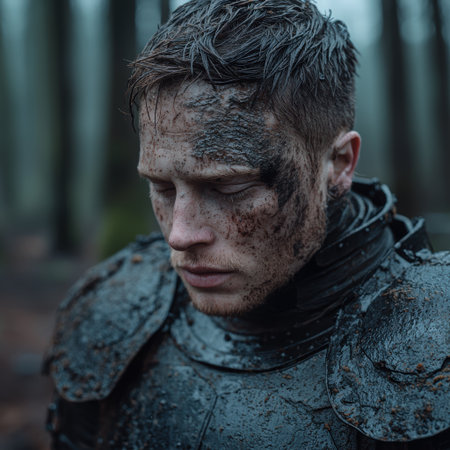 Mud-covered warrior in dark armor looking downの素材