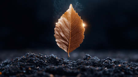 Single dry leaf emerging from dark soilの素材