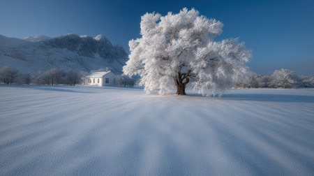 Isolated house in a serene winter landscape with frosted trees.の素材