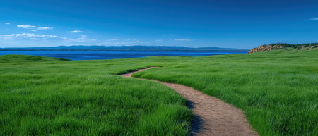 Winding dirt path through lush green meadow towards blue lakeの素材