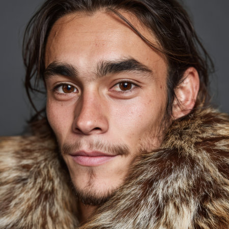 Man with long dark hair and fur collarの素材