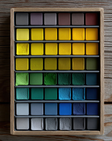 Color palette of watercolor paints in a wooden box.の素材