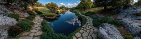 Stone path winds through a tranquil garden by a reflective pond.の素材