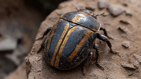 Detailed close-up of a black and gold scarab beetle on rough ground.の素材