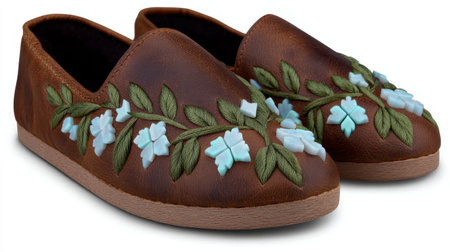 Brown leather slip-on shoes with floral embroideryの素材