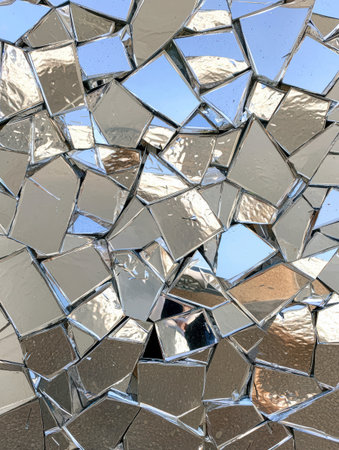 Broken mirror mosaic reflects light and skyの素材