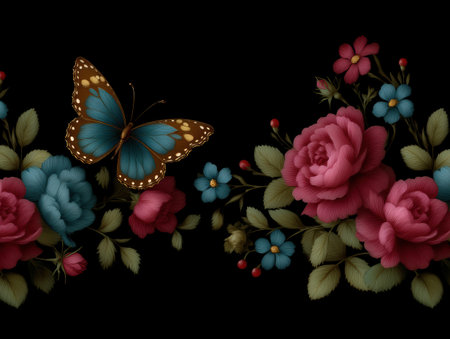 Vintage butterfly and roses border on black backgroundの素材