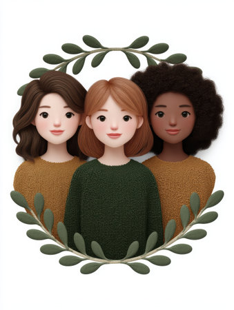 Diverse group of women friends embracing in a wreath.の素材