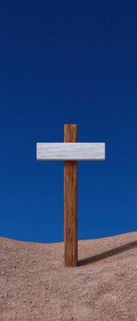 Wooden cross signpost in a desert landscapeの素材