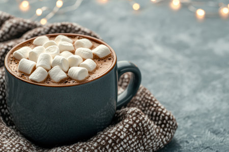Cozy mug of hot chocolate with marshmallows and fairy lightsの素材