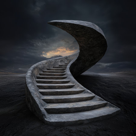 Stone staircase curves into dramatic stormy sky.の素材