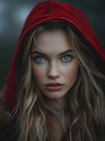 Young woman with striking blue eyes and freckles wearing a red hood.の素材