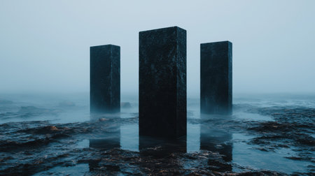 Three dark monoliths rise from a misty, watery landscape.の素材