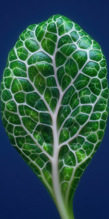Detailed view of a vibrant green leaf's intricate vascular system.の素材