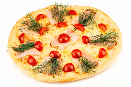 Italian cheese pizza with tomatoes and ham isolated on whiteの写真素材