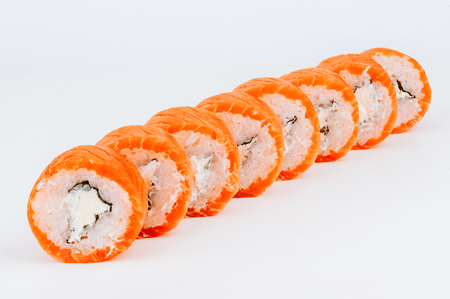 Sushi rolls with salmon fish isolated on whiteの写真素材
