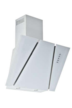 New luxurious white kitchen exhaust hood with glass surface, lighting and controls on isolated backgroundの写真素材