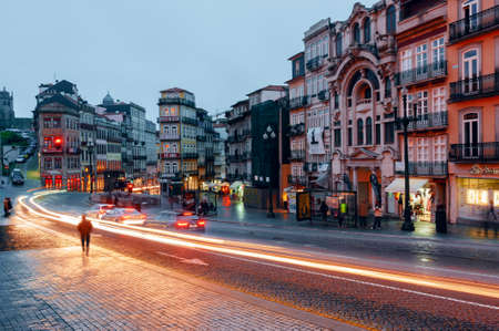 Night city view of Porto with blurred traffic lights taken with slow speed shutterの写真素材