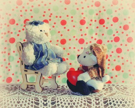 Valentine's day background, two toy bear, vintage retro toned effectの写真素材