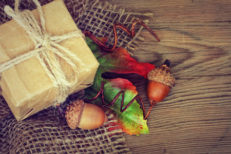 Autumn background with a small gift box and acornsの写真素材