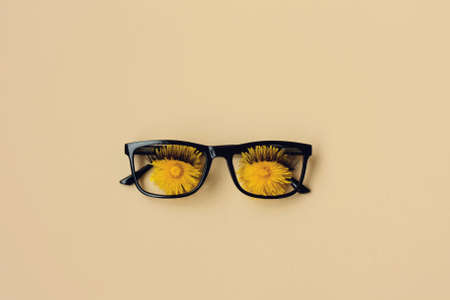 black frame glasses with eyes dandelions with eyelashes on paper backgroundの写真素材