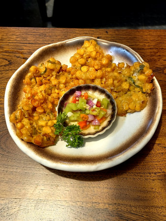 Fried corn with vegetables in a plate on a wooden table.