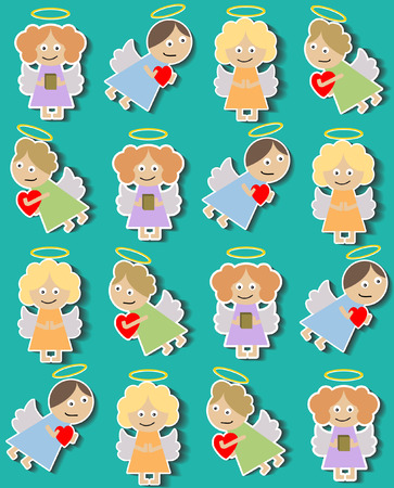 vector seamless pattern with angeles and heartsのイラスト素材