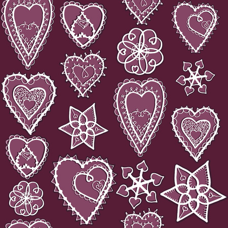 Snowflakes and hearts of snowflakes pattern. Valentine's Day. Bordo style. Winter.のイラスト素材