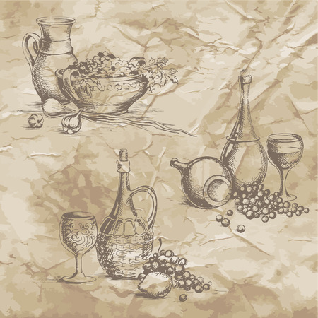 Freehand drawing on the old paper. Plate with fruit, drinks in glasses and bottles, sauces, salads. Vector illustration. Retro. Vintage style of food design.のイラスト素材