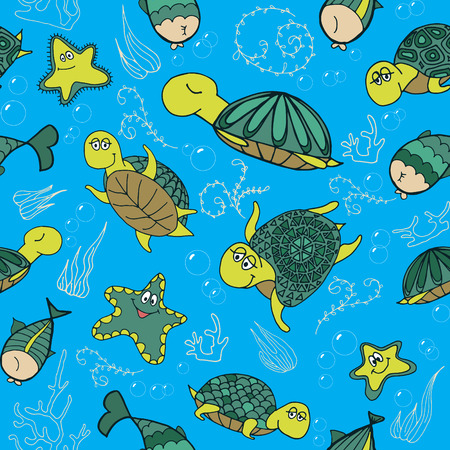 Pattern with sea life objects. Seamless pattern with turtles, fishes, corals, bubbles and seaweed. Cartoon style. Vector illustration.のイラスト素材
