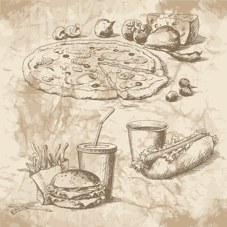 Hand drawn pictures for the menu of fast-food. Burger, pizza and hot dog.のイラスト素材