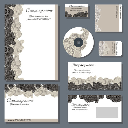 Set of templates for cd disks, envelopes, notebooks, credit card, business card and invitation card with floral ornament. Corporate style vector.のイラスト素材
