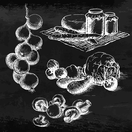 Vegetables and jam, cheese and bread on the chalkboard.のイラスト素材