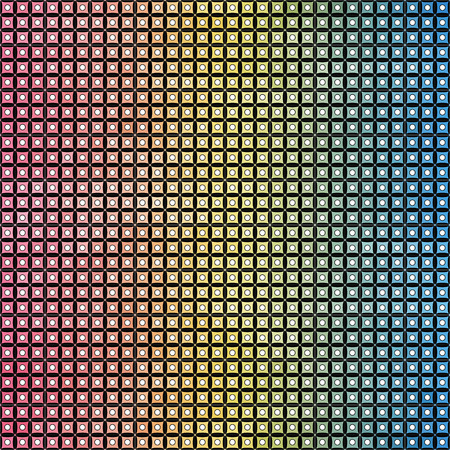 Geometric background in rainbow colors on the black. Squares and circles shapes. Vector illustration.のイラスト素材