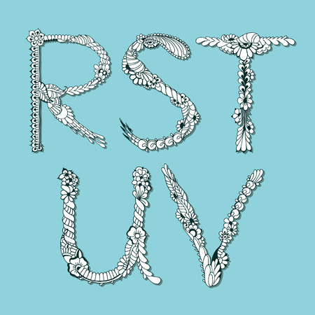 Hand drawn floral alphabet. Vector illustration. Letters R, S, T, U, V.のイラスト素材