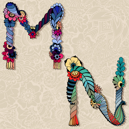 Hand drawn floral alphabet. Vector illustration. Fairy tale letters M and Nのイラスト素材