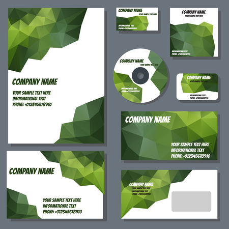 Set of templates for cd disks, envelopes, notebooks, credit card, business card and invitation card with polygonal design. Corporate style vector.のイラスト素材