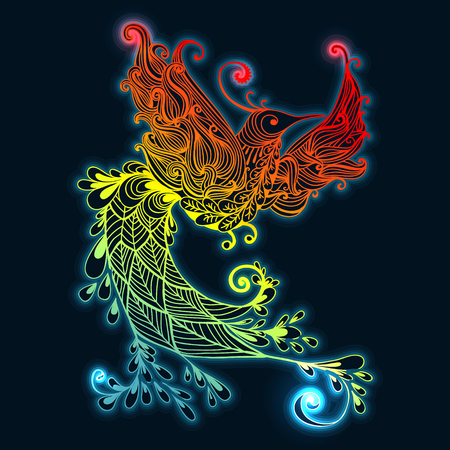Illustration of flying Phoenix Bird. Fire burning colibri bird with dark blue background.のイラスト素材